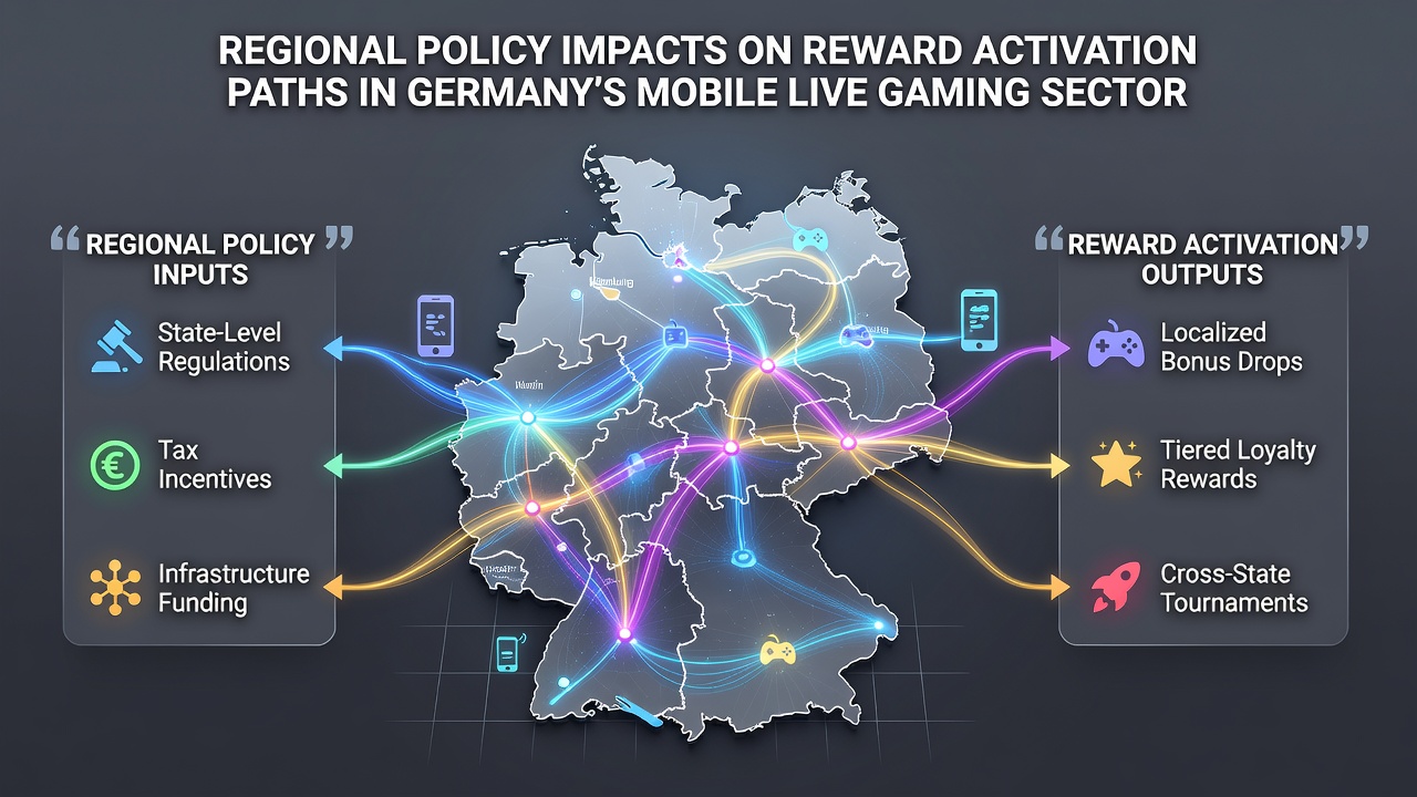 Karte der deutschen Bundesländer mit farblich markierten Unterschieden in der Umsetzung des GlüStV 2021 und deren Einfluss auf mobile Live-Gaming-Plattformen