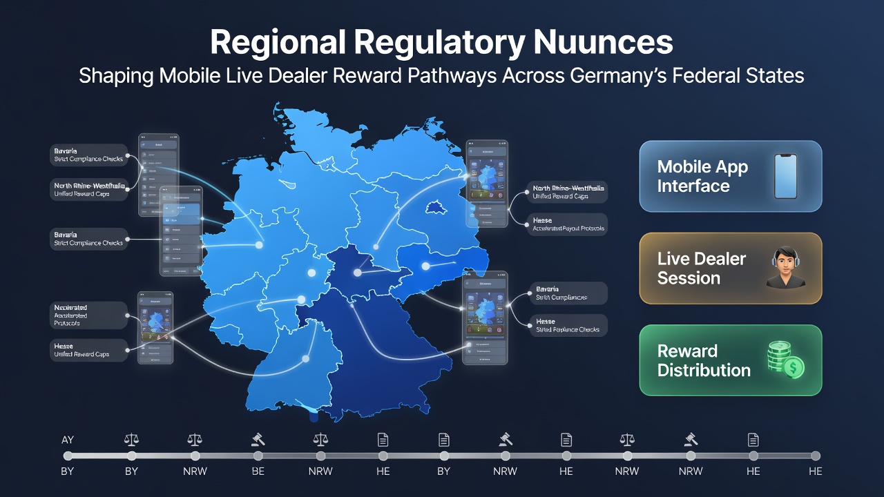 Karte der deutschen Bundesländer mit Markierungen zu unterschiedlichen Glücksspielregulierungen für mobile Live-Dealer-Angebote