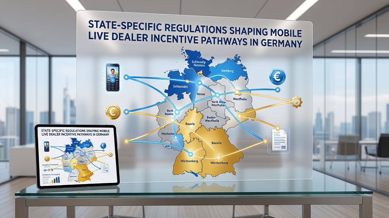 Illustration eines mobilen Live-Dealer-Tisches mit regulatorischen Symbolen und Bundesland-Kennzeichnungen